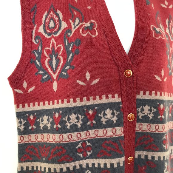 Camela Knit Sweater Vest Button Front 100% Wool Red & Grey Damask Pattern - Picture 2 of 6